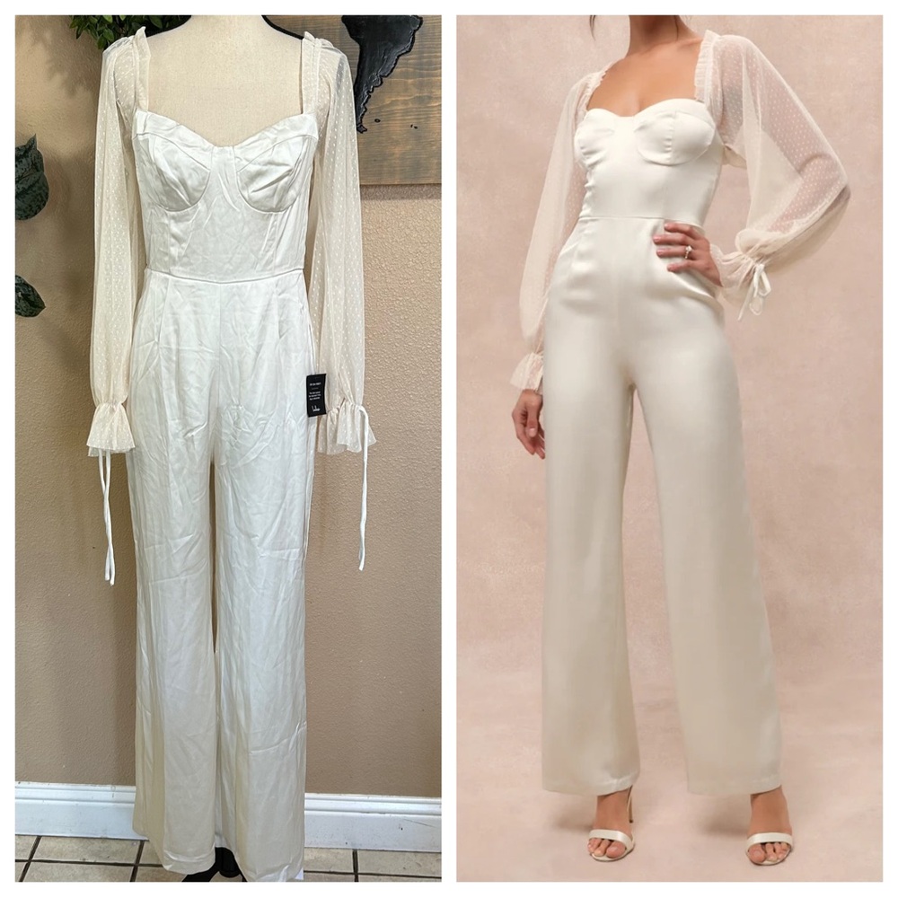 NWOT Lulus Gracefully Modern Ivory Satin Mesh Long Sleeve Bustier Jumpsuit